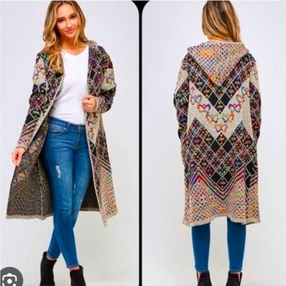 Northern Angel Anthropologie Long Cardigan Boho Duster Aztec Print Sweater S/M - Picture 1 of 11